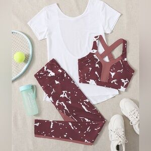 3pack Graphic Print Running Set Work Out Suit Crisscross Top Wide Waistband